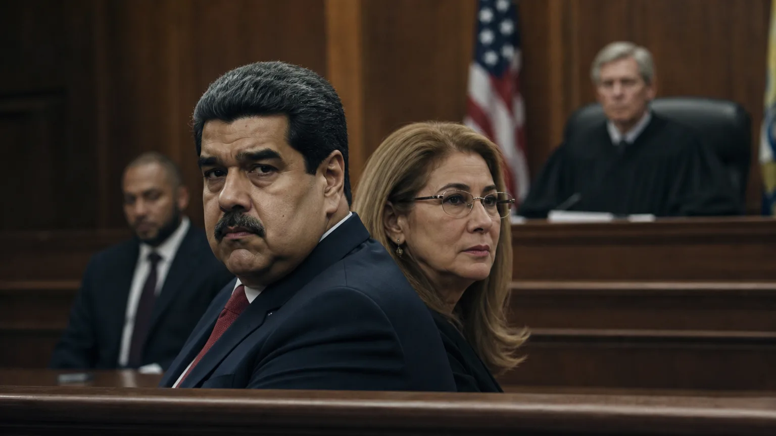 Composición editorial sobria: siluetas de Nicolás Maduro y Cilia Flores en un estrado judicial, con un juez o fiscales en segundo plano, en un ambiente que sugiere un tribunal de Nueva York.