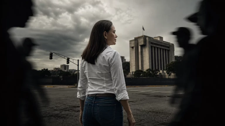 María Corina Machado en una encrucijada política en Venezuela, con figuras sombrías al acecho y la silueta de Donald Trump en el horizonte como posible apoyo.