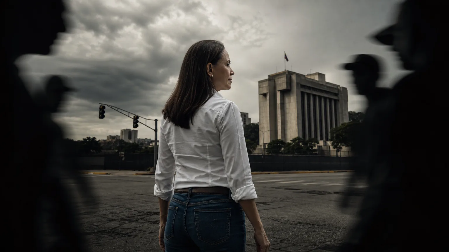 María Corina Machado en una encrucijada política en Venezuela, con figuras sombrías al acecho y la silueta de Donald Trump en el horizonte como posible apoyo.