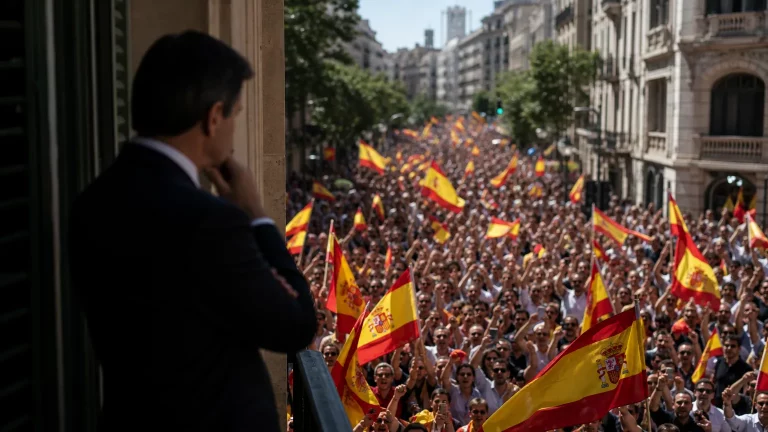 Silueta de una figura institucional observando con preocupación a una multitud celebrando con banderas de España en una plaza