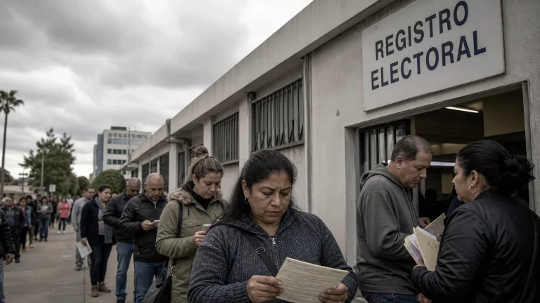 Varias personas de diversas nacionalidades haciendo cola frente a una oficina de registro electoral, con un cartel borroso de "Censo Electoral" y un reloj marcando el tiempo, simbolizando la urgencia y el proceso.