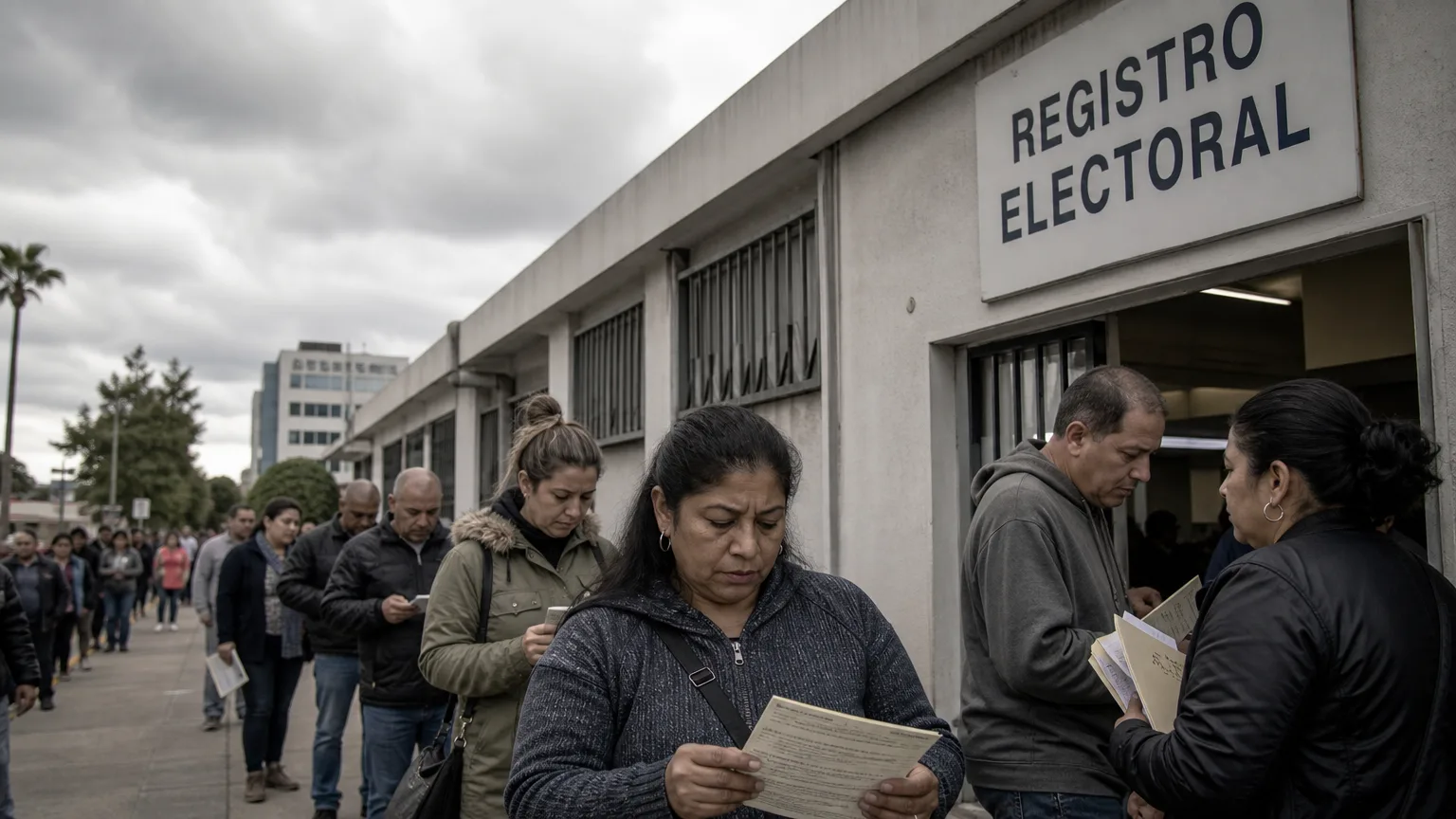 Varias personas de diversas nacionalidades haciendo cola frente a una oficina de registro electoral, con un cartel borroso de "Censo Electoral" y un reloj marcando el tiempo, simbolizando la urgencia y el proceso.