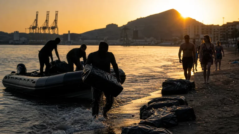 Siluetas de personas descargando bultos de una embarcación en una playa al amanecer o atardecer, con turistas en la distancia, en un contexto editorial sobre narcotráfico.