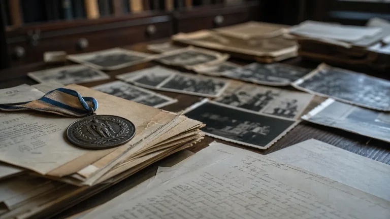 Archivo histórico con documentos antiguos y una medalla retirada sobre una mesa de investigación