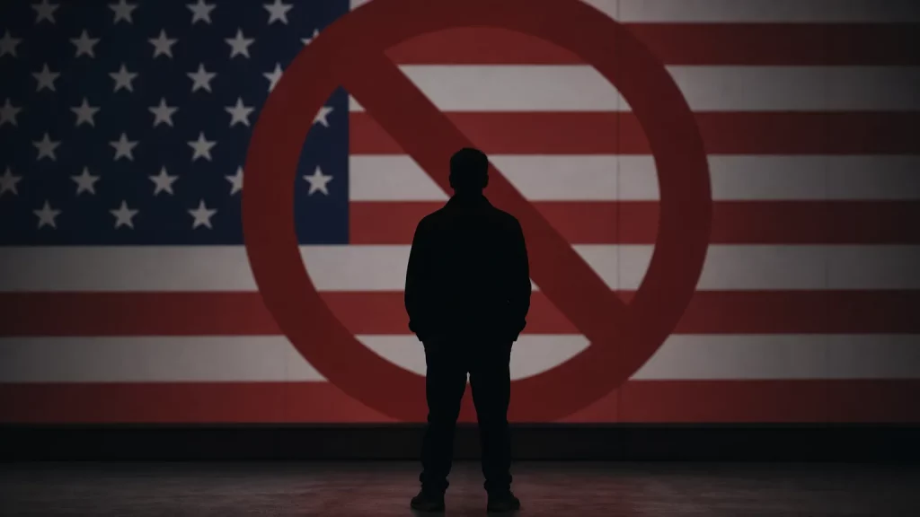 Silueta de un hombre ante una barrera, con la bandera de Estados Unidos de fondo, simbolizando la denegación de entrada.