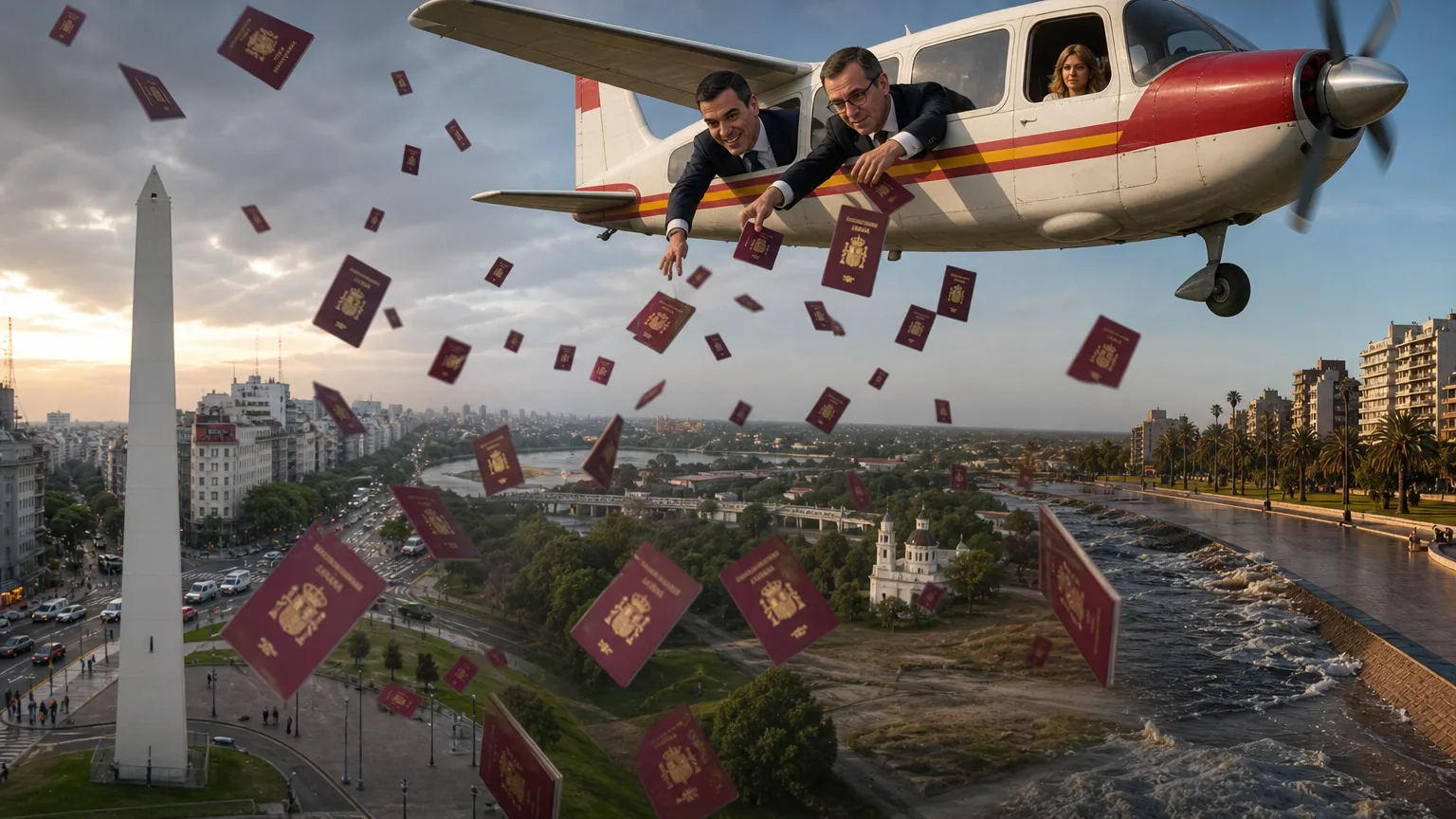 Caricatura de pasaportes españoles cayendo del cielo en países de Sudamérica, con Pedro Sánchez y Pachi López asomándose desde un avión