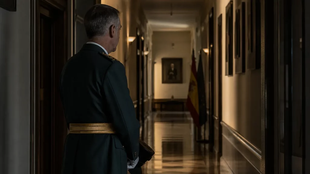 Un general de la Guardia Civil, de espaldas o en perfil parcial, con su uniforme de gala, parado en un pasillo sobrio de una institución militar. La luz es tenue, sugiriendo un ambiente de reflexión o tensión institucional.