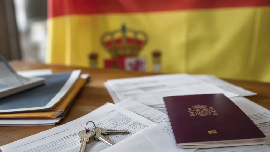 Documentos de ayudas sociales, nóminas, llaves de vivienda y un pasaporte español sobre una mesa