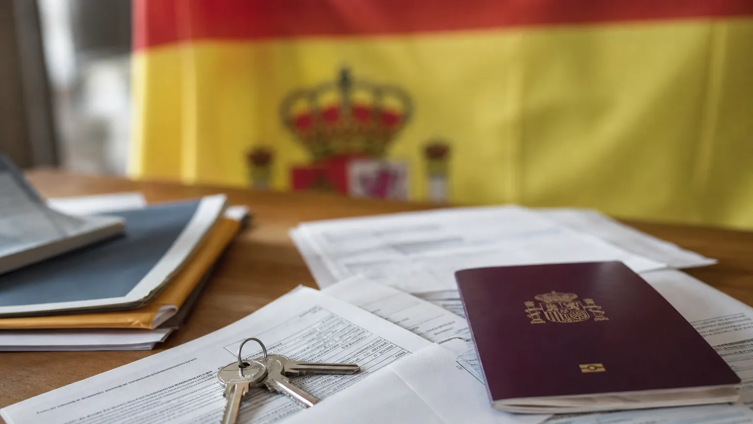 Documentos de ayudas sociales, nóminas, llaves de vivienda y un pasaporte español sobre una mesa