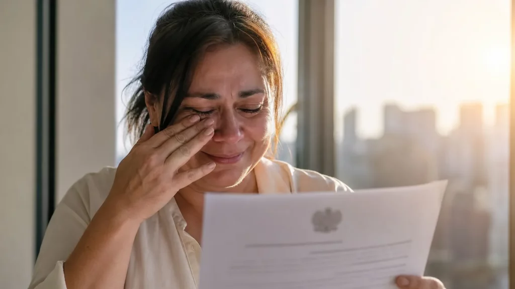 Raquel, una mujer de mediana edad, sonríe con alivio mientras sostiene un documento que simboliza la cancelación de su deuda, con un fondo neutro y luminoso que sugiere un nuevo comienzo.