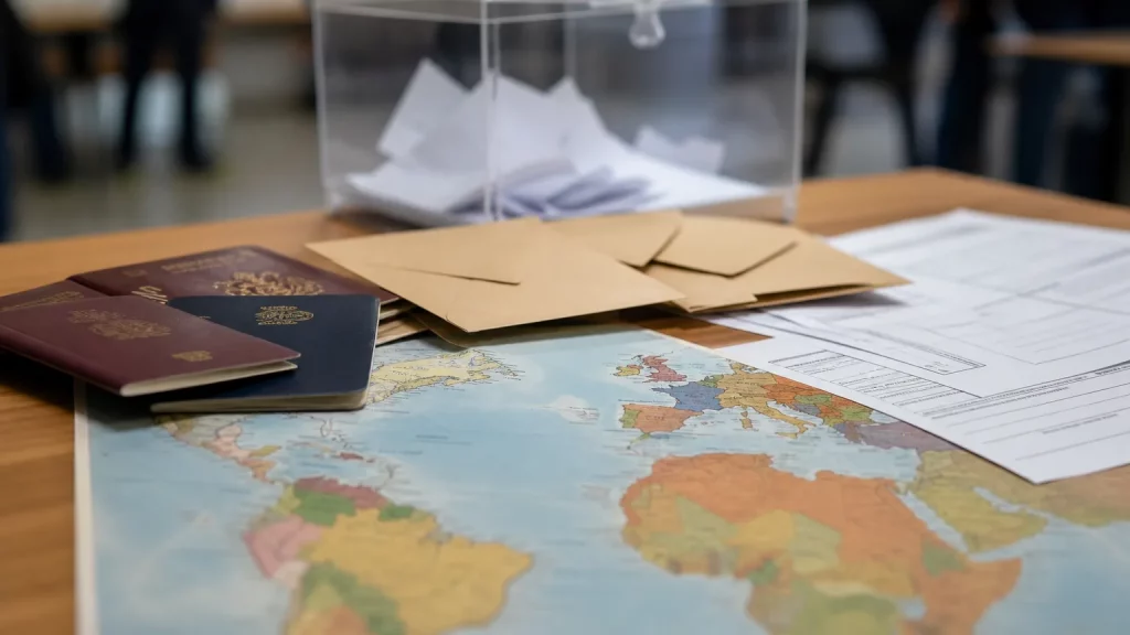 Pasaportes, sobres electorales y formularios de nacionalidad sobre una mesa junto a un mapa de España, Argentina y Cuba