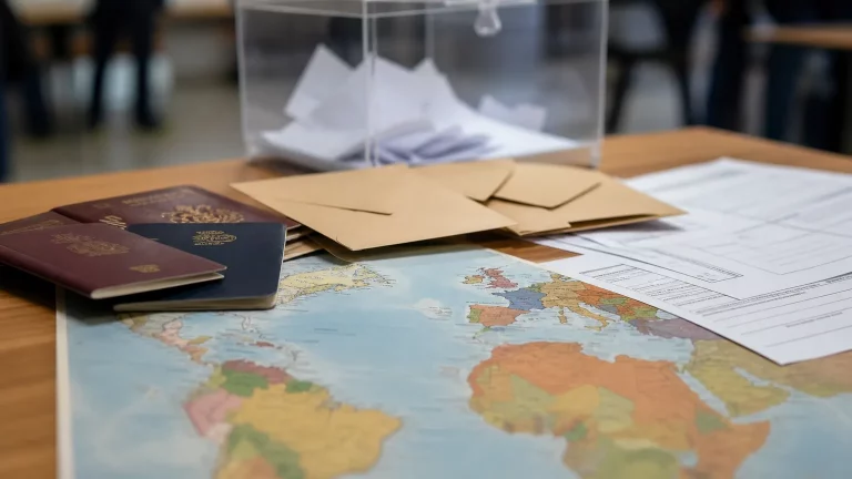 Pasaportes, sobres electorales y formularios de nacionalidad sobre una mesa junto a un mapa de España, Argentina y Cuba