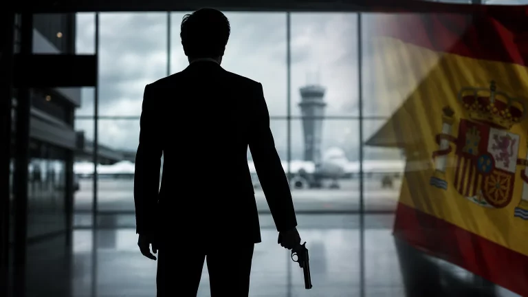 Composición editorial sobria: una silueta de persona en traje con un revólver estilizado en la mano, sobre un fondo abstracto que evoca un aeropuerto internacional y una bandera española parcialmente visible.