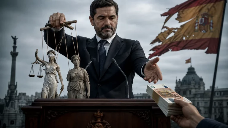 Pedro Sánchez caricaturizado como un autócrata, manipulando hilos de la justicia y la historia, con el Palacio de la Moncloa de fondo y billetes de dinero flotando.