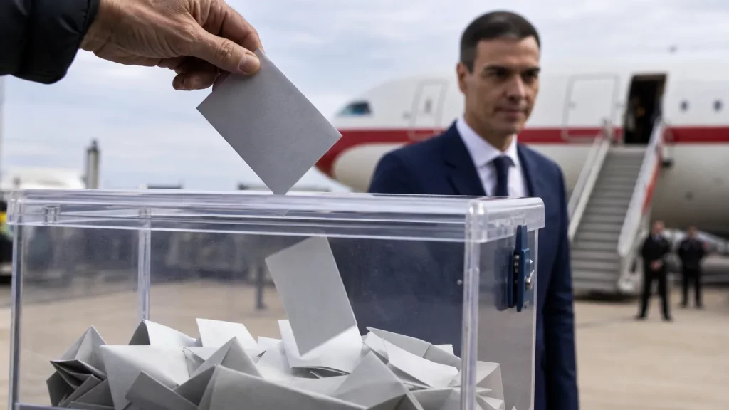 Composición editorial con la silueta de Pedro Sánchez frente a una urna electoral, mientras un avión oficial se aleja en el horizonte, simbolizando la incertidumbre sobre el adelanto de elecciones y su agenda de viajes.