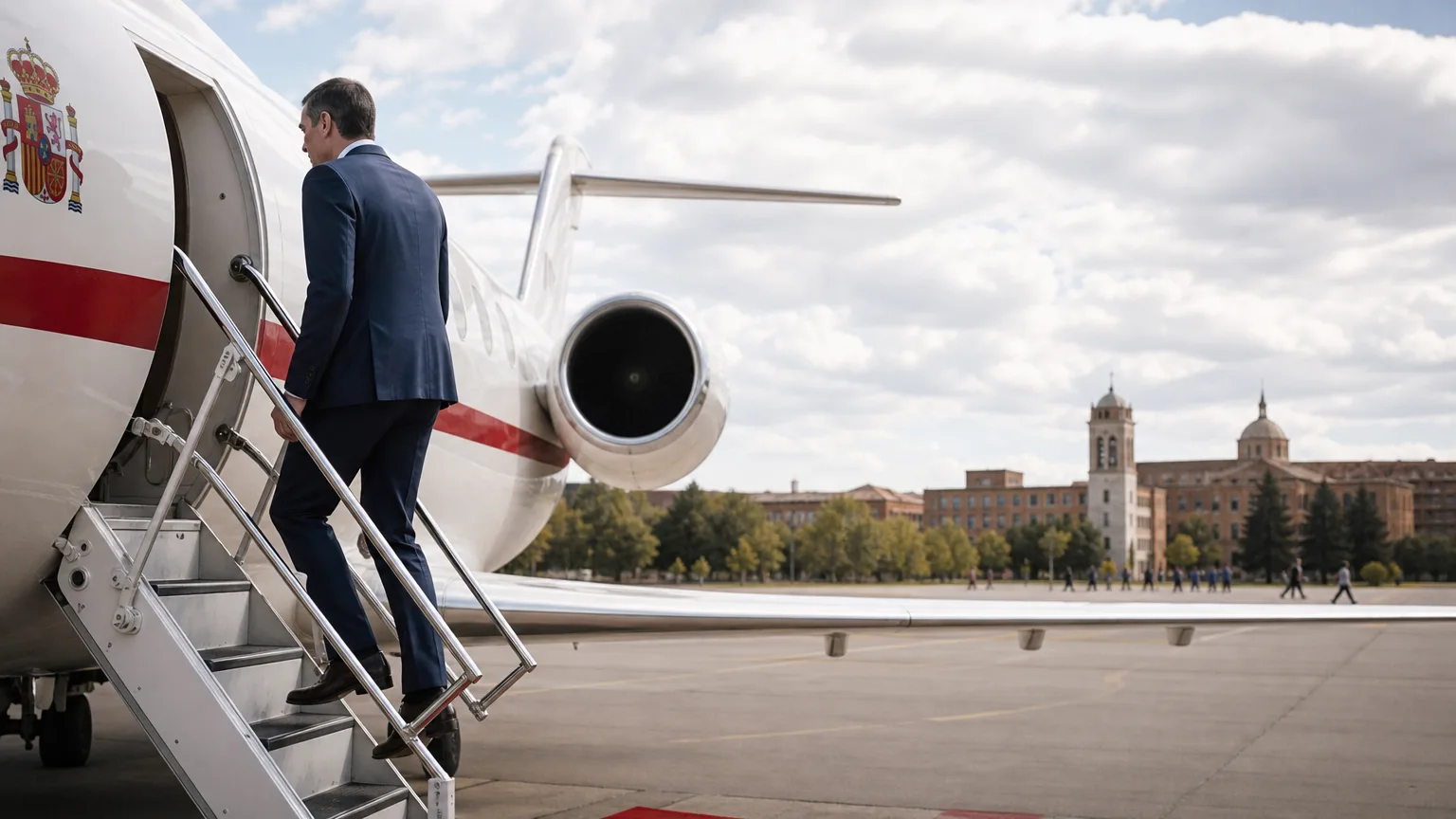 Pedro Sánchez con expresión seria, bajando de un avión oficial Falcón, con una universidad de fondo y una sutil representación de billetes de euro flotando en el aire. Composición editorial que simboliza el uso de fondos públicos para gastos privados.