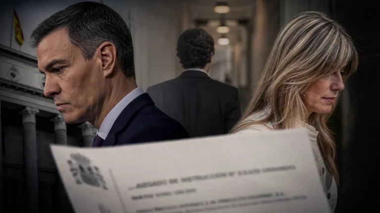 Composición editorial con siluetas de Pedro Sánchez y Begoña Gómez, y un documento judicial borroso en primer plano, representando las acusaciones de corrupción. David Sánchez aparece de espaldas en un segundo plano.