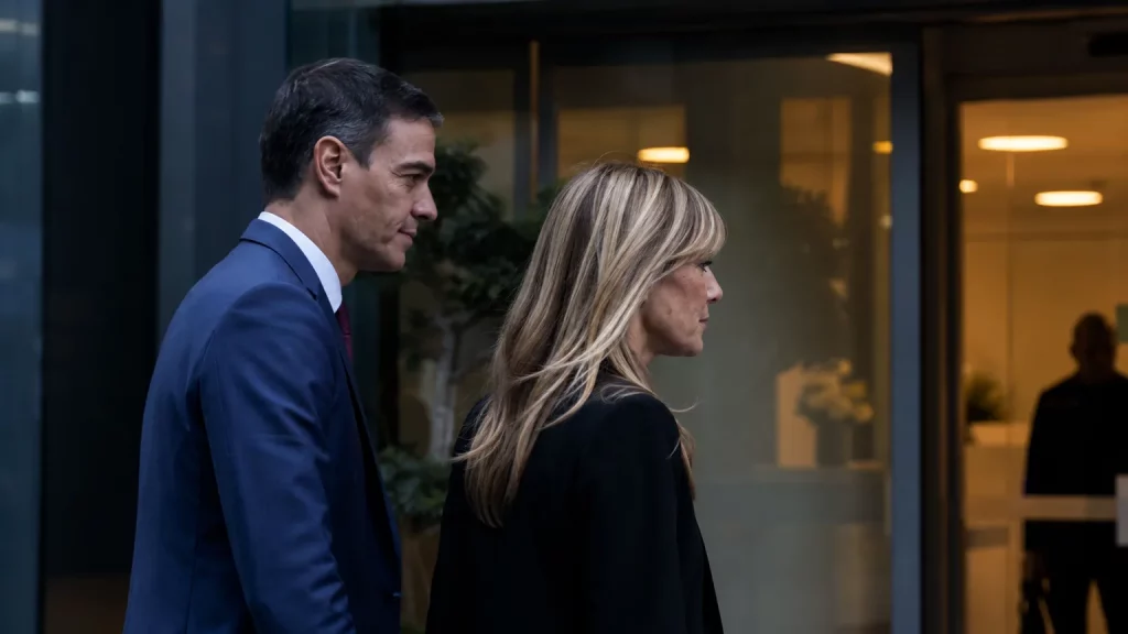 Pedro Sánchez y Begoña Gómez en las inmediaciones de una clínica privada, con un enfoque editorial que sugiere su uso mientras se critica la sanidad pública.