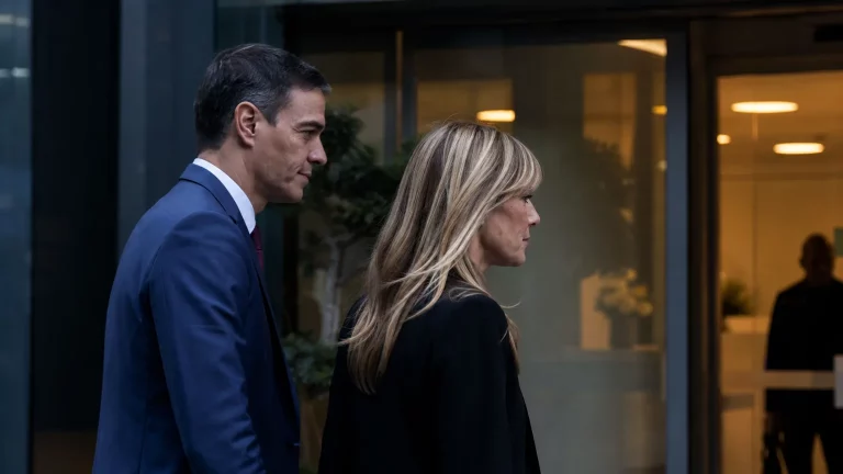 Pedro Sánchez y Begoña Gómez en las inmediaciones de una clínica privada, con un enfoque editorial que sugiere su uso mientras se critica la sanidad pública.