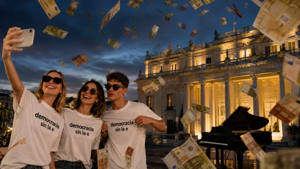 Composición editorial conceptual que muestra una línea de ropa con el nombre 'democracia sin la e' y la silueta de la Moncloa de fondo, con billetes de euros flotando alrededor, simbolizando el uso de dinero público.