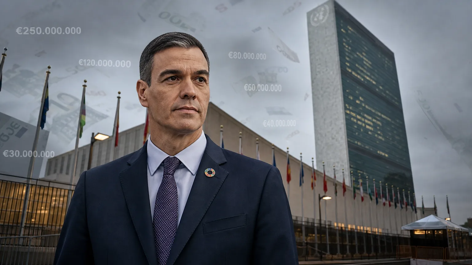 Pedro Sánchez en un contexto editorial, con el edificio de la sede de Naciones Unidas de fondo y elementos visuales que sugieren grandes sumas de dinero.