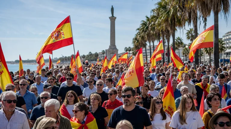 Multitud de ciudadanos marchando por el Paseo Marítimo de Marbella con banderas de España, con el Monumento a la Libertad al fondo.