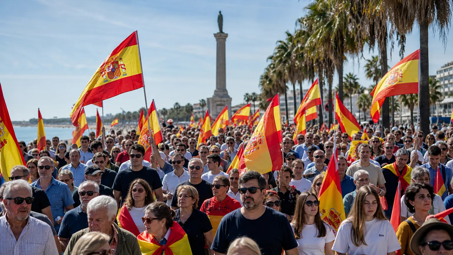 Multitud de ciudadanos marchando por el Paseo Marítimo de Marbella con banderas de España, con el Monumento a la Libertad al fondo.