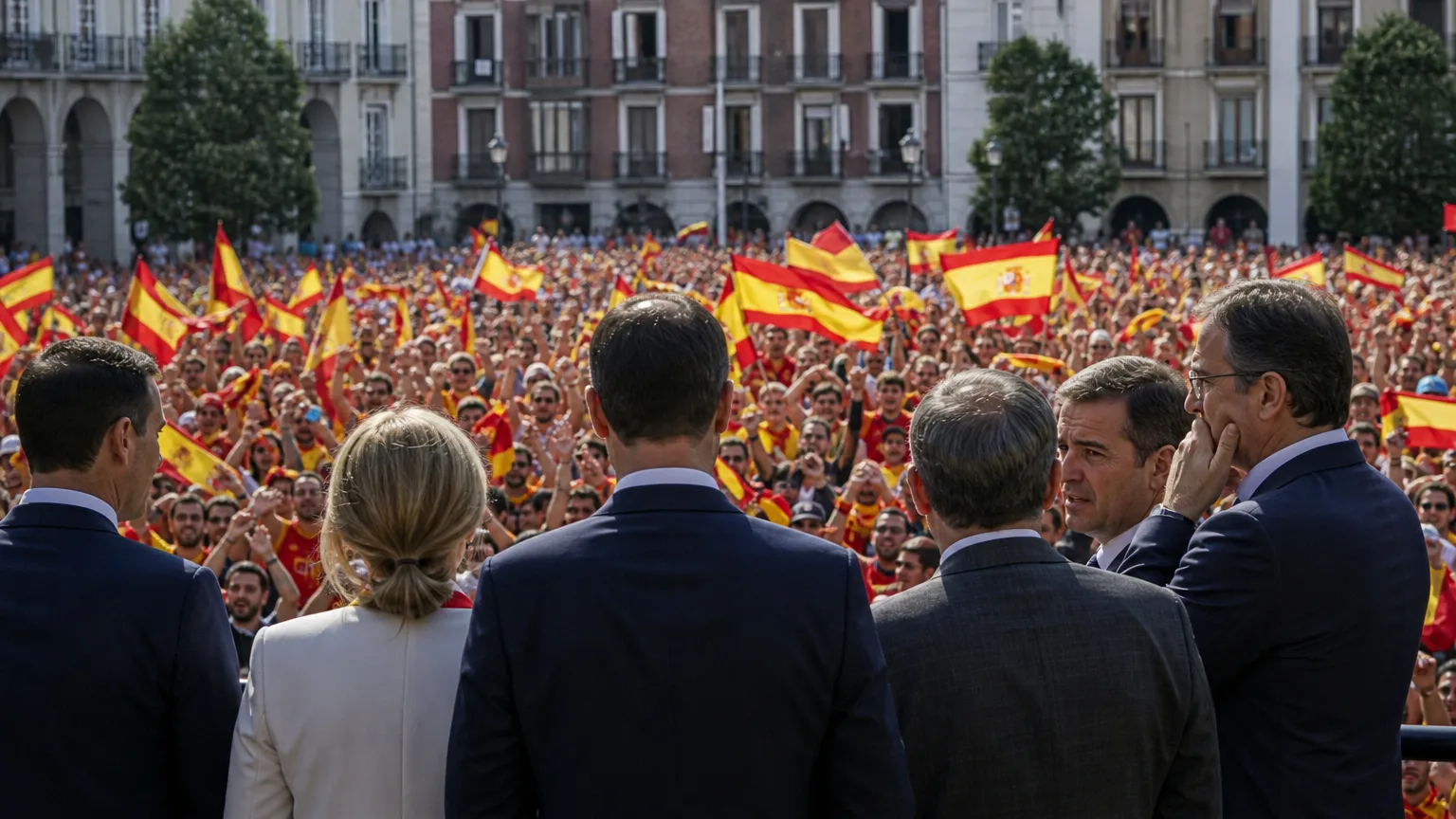 Ciudadanos españoles celebrando la victoria de la selección de fútbol con banderas nacionales, mientras políticos observan con incomodidad.