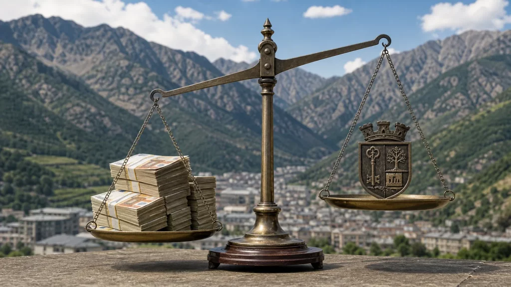 Ilustración conceptual de un maletín de dinero público con el escudo del Ayuntamiento de Blanes cruzando una frontera hacia Andorra, con siluetas de edificios bancarios al fondo.