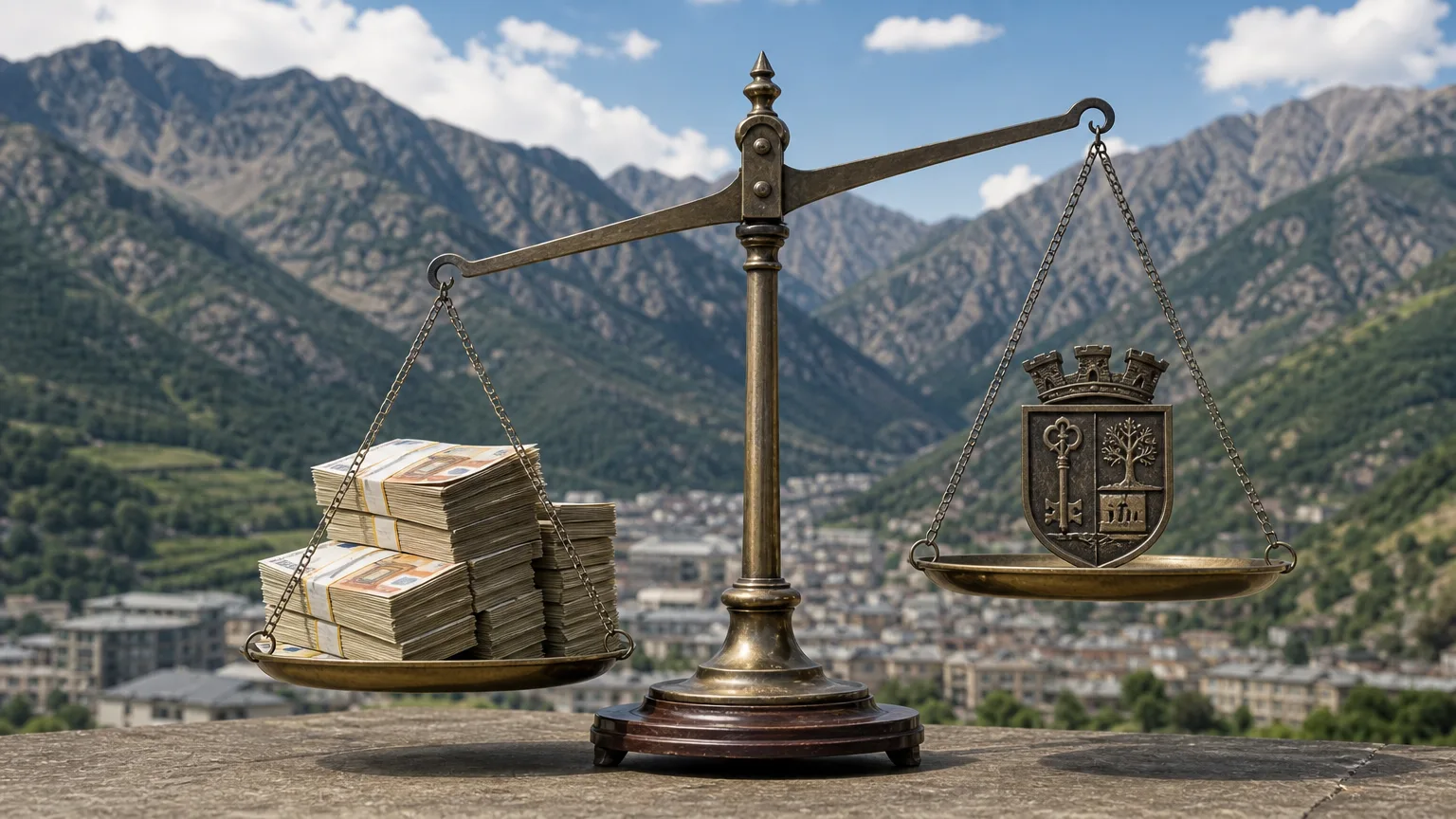 Ilustración conceptual de un maletín de dinero público con el escudo del Ayuntamiento de Blanes cruzando una frontera hacia Andorra, con siluetas de edificios bancarios al fondo.