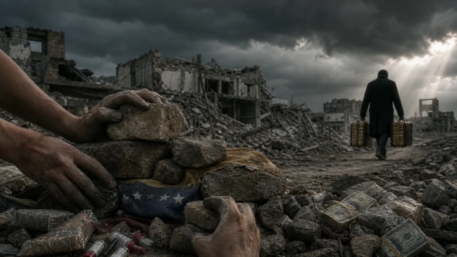 Representación conceptual de la crisis humanitaria y corrupción en Venezuela, con ruinas y símbolos de saqueo bajo un cielo tormentoso.