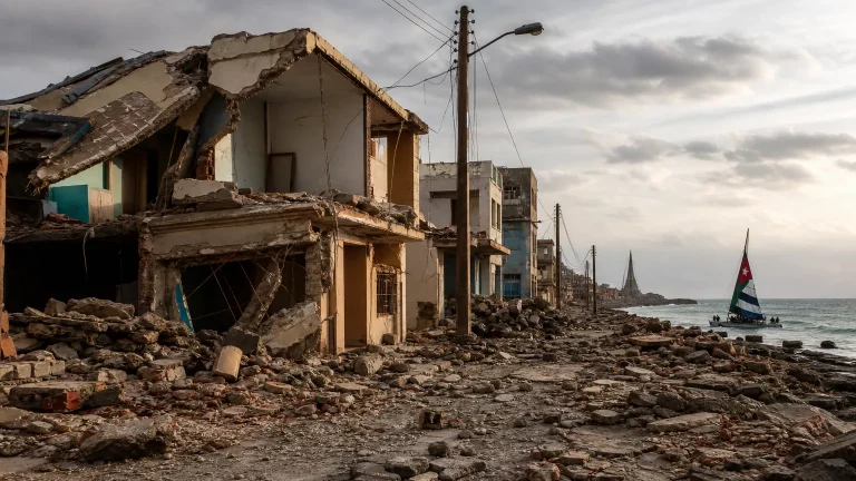 Composición editorial sobre Venezuela, Cuba y Gaza con una ciudad dañada, una bandera cubana y una escena marítima simbólica