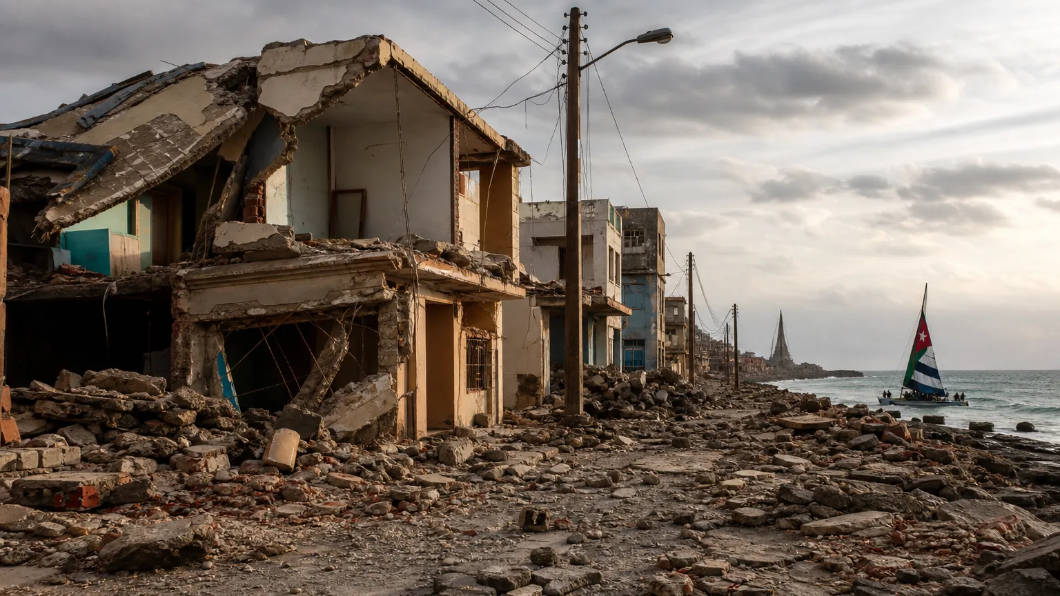 Composición editorial sobre Venezuela, Cuba y Gaza con una ciudad dañada, una bandera cubana y una escena marítima simbólica