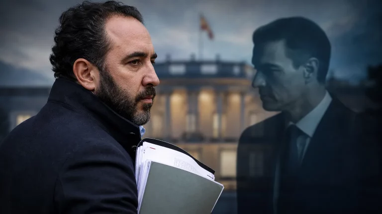 Víctor de Aldama en una composición editorial, sugiriendo la posesión de pruebas delicadas contra el presidente del gobierno.