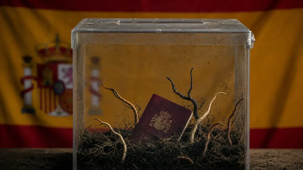Urna de votación con un pasaporte español y la bandera de España de fondo, simbolizando la erosión de la identidad nacional y el debate sobre el derecho al voto.