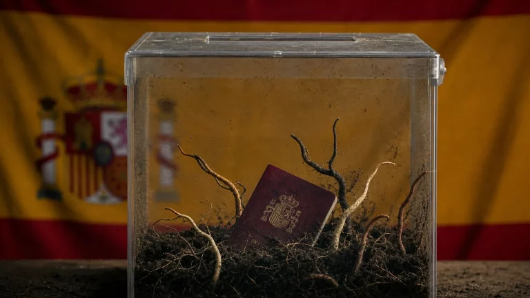 Urna de votación con un pasaporte español y la bandera de España de fondo, simbolizando la erosión de la identidad nacional y el debate sobre el derecho al voto.