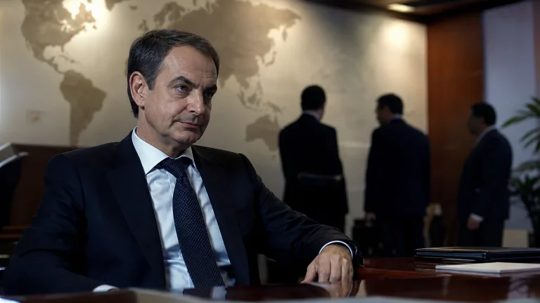 José Luis Rodríguez Zapatero en un entorno de oficina formal, con un mapa mundi de fondo, mientras siluetas de personas con maletines se difuminan en un segundo plano, sugiriendo negocios internacionales y reuniones discretas.