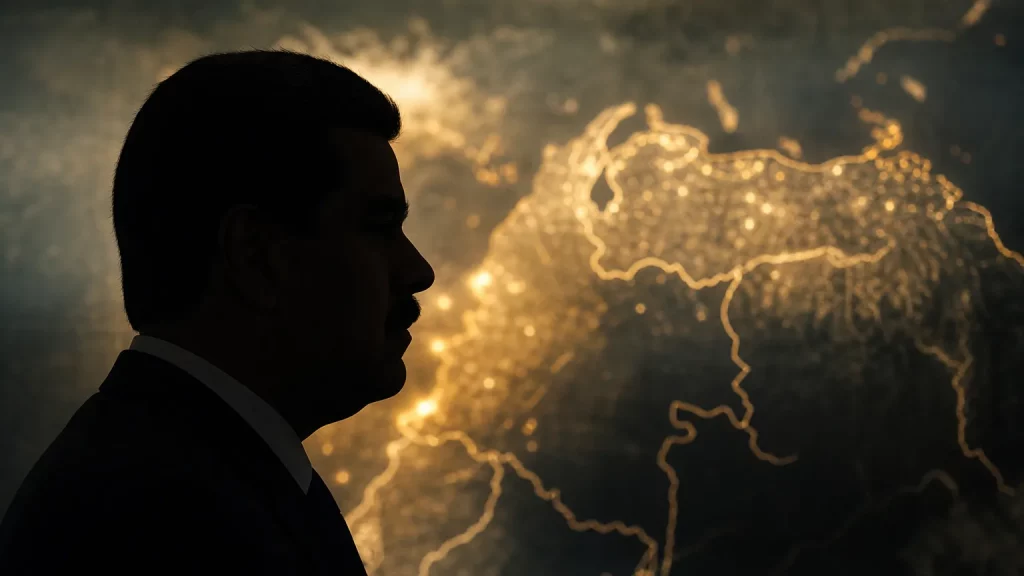 Composición editorial sobria: silueta de un hombre de perfil, con un fondo abstracto que sugiere un mapa borroso de Venezuela y Colombia y destellos dorados. Se evitan elementos que puedan parecer prueba documental.