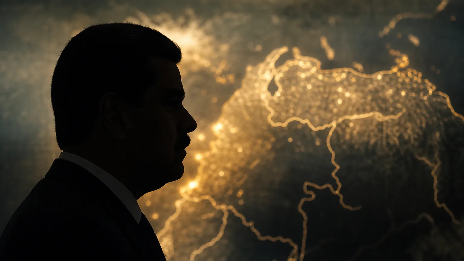 Composición editorial sobria: silueta de un hombre de perfil, con un fondo abstracto que sugiere un mapa borroso de Venezuela y Colombia y destellos dorados. Se evitan elementos que puedan parecer prueba documental.