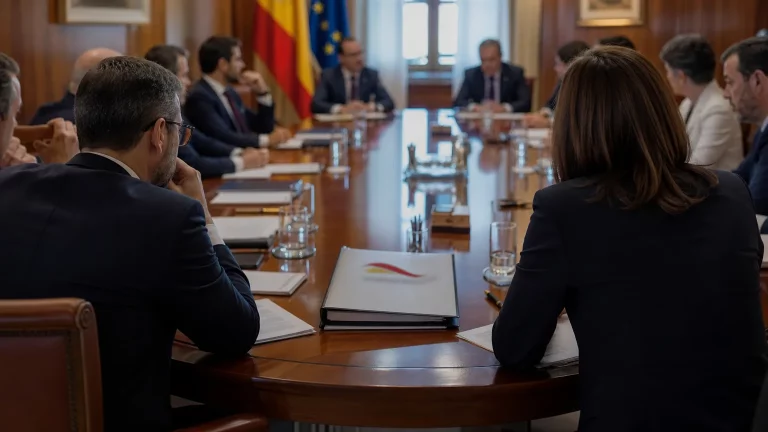 Composición editorial sobria: varios políticos de espaldas o en perfiles parciales sentados alrededor de una gran mesa de conferencias en un despacho gubernamental. En el centro de la mesa, un expediente con el logotipo borroso de una aerolínea.