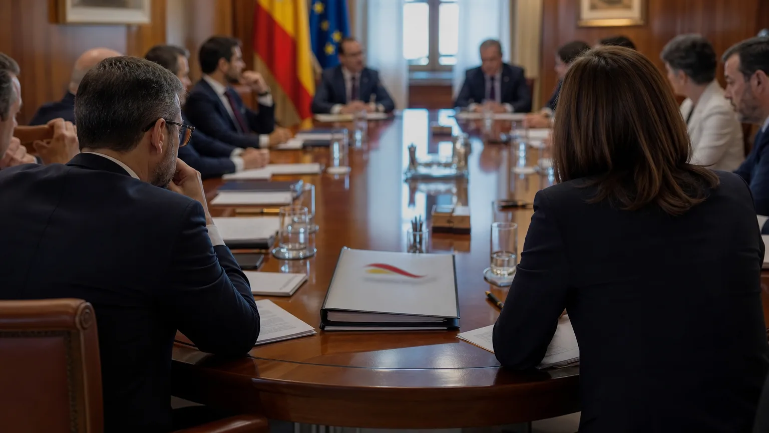 Composición editorial sobria: varios políticos de espaldas o en perfiles parciales sentados alrededor de una gran mesa de conferencias en un despacho gubernamental. En el centro de la mesa, un expediente con el logotipo borroso de una aerolínea.