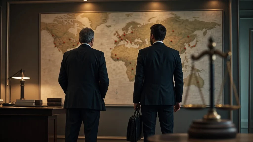 Dos figuras masculinas, una de ellas con un maletín, de espaldas, observando un mapa global con puntos marcados, mientras un tercer elemento simboliza la justicia (una balanza o un martillo judicial) en el fondo, desenfocado.