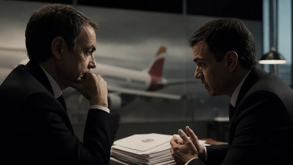 José Luis Rodríguez Zapatero y Pedro Sánchez en un contexto de investigación judicial por el caso Plus Ultra. Composición editorial sobria.
