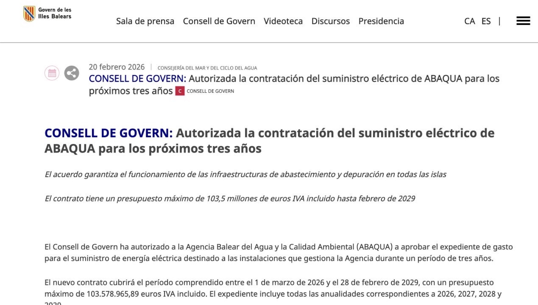 Contrato de suministro eléctrico de ABAQUA por más de 103 millones de euros