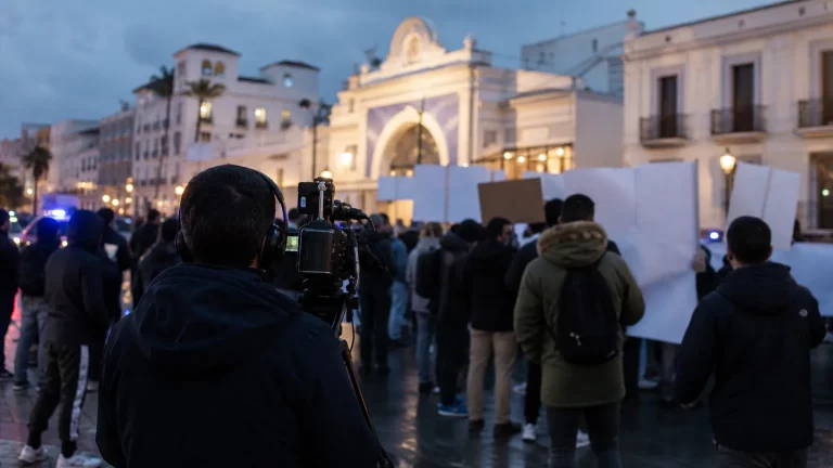 Un grupo de personas, vistas de espaldas o en perfil, protestan en una calle de Ceuta con pancartas, mientras un equipo de cámara, también de espaldas, intenta filmar. Los rostros están oscurecidos para evitar la identificación. El fondo muestra la arquitectura local de Ceuta.