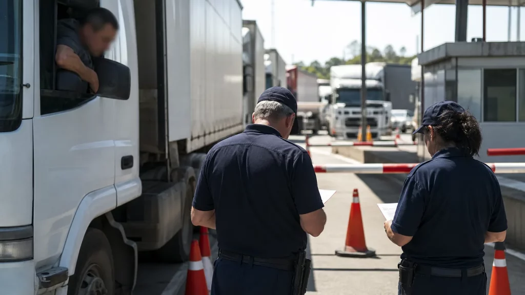 Aduana cerrada con barreras y vehículos esperando, con agentes de espaldas en una escena de tensión fronteriza