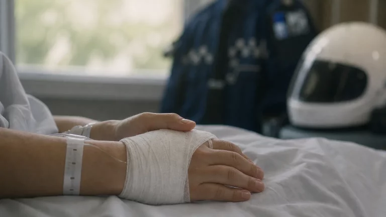 Un par de manos, una de ellas vendada, descansando sobre una cama de hospital. En el fondo, sutilmente desenfocado, se vislumbra un detalle de un uniforme de policía o un casco de motocicleta.