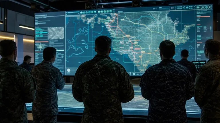 Siluetas de militares en una sala de operaciones con pantallas de información táctica, sin rostros identificables, mostrando planificación estratégica.