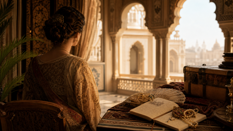 Escena histórica inspirada en Anita Delgado, con una mujer de espaldas en un palacio indio junto a joyas y un diario de viajes