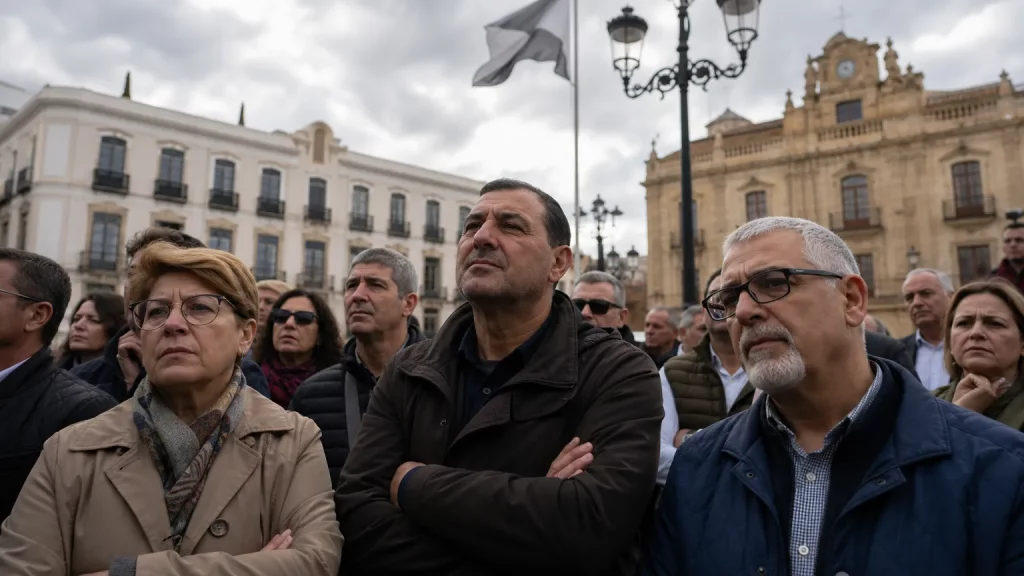Un grupo de ciudadanos ceutíes, con expresiones de preocupación y frustración, se congrega en una plaza con edificios históricos de Ceuta al fondo, mirando hacia el horizonte, simbolizando su sentimiento de abandono.
